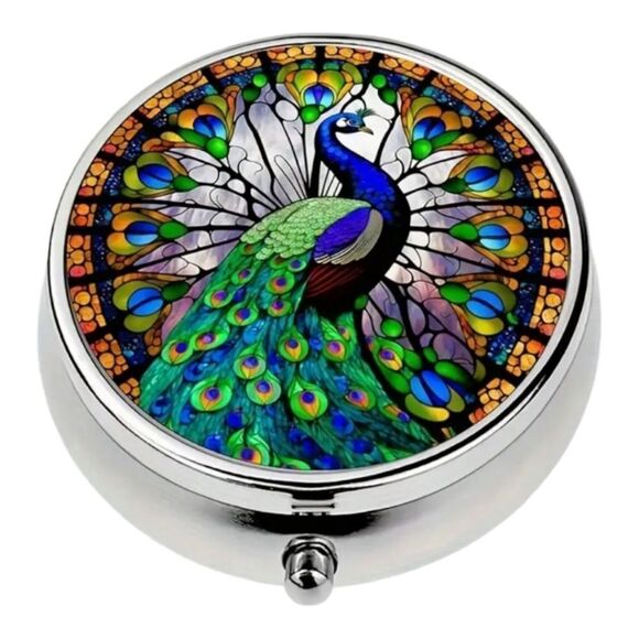 Peacock Pill Box Medicine Mini Stainless Steel Case Mirror Travel Purse Peafowl - Picture 7 of 7